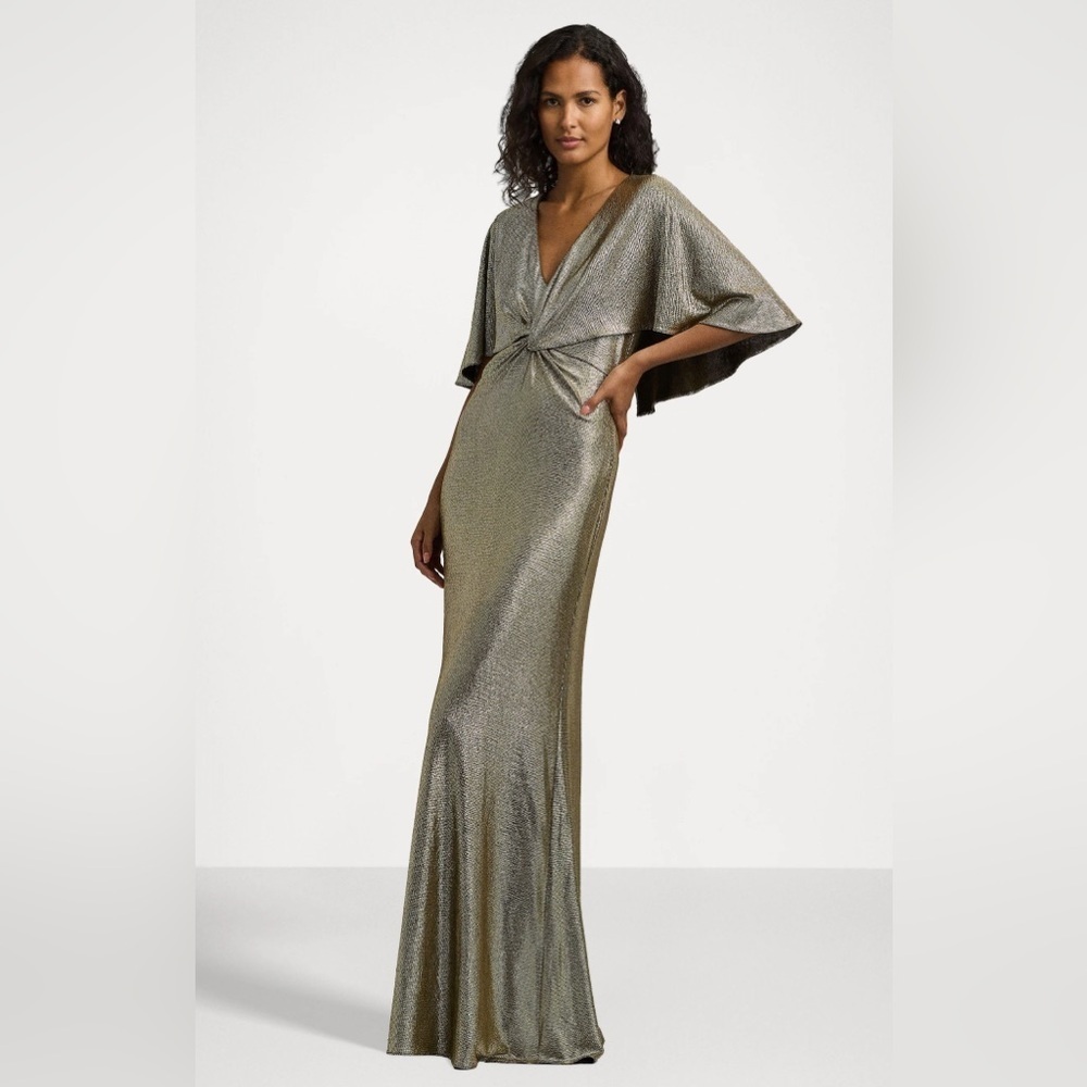 Black Label Lauren Ralph Lauren Gold/Green Twist Front Cape Overlay Gown sz 12